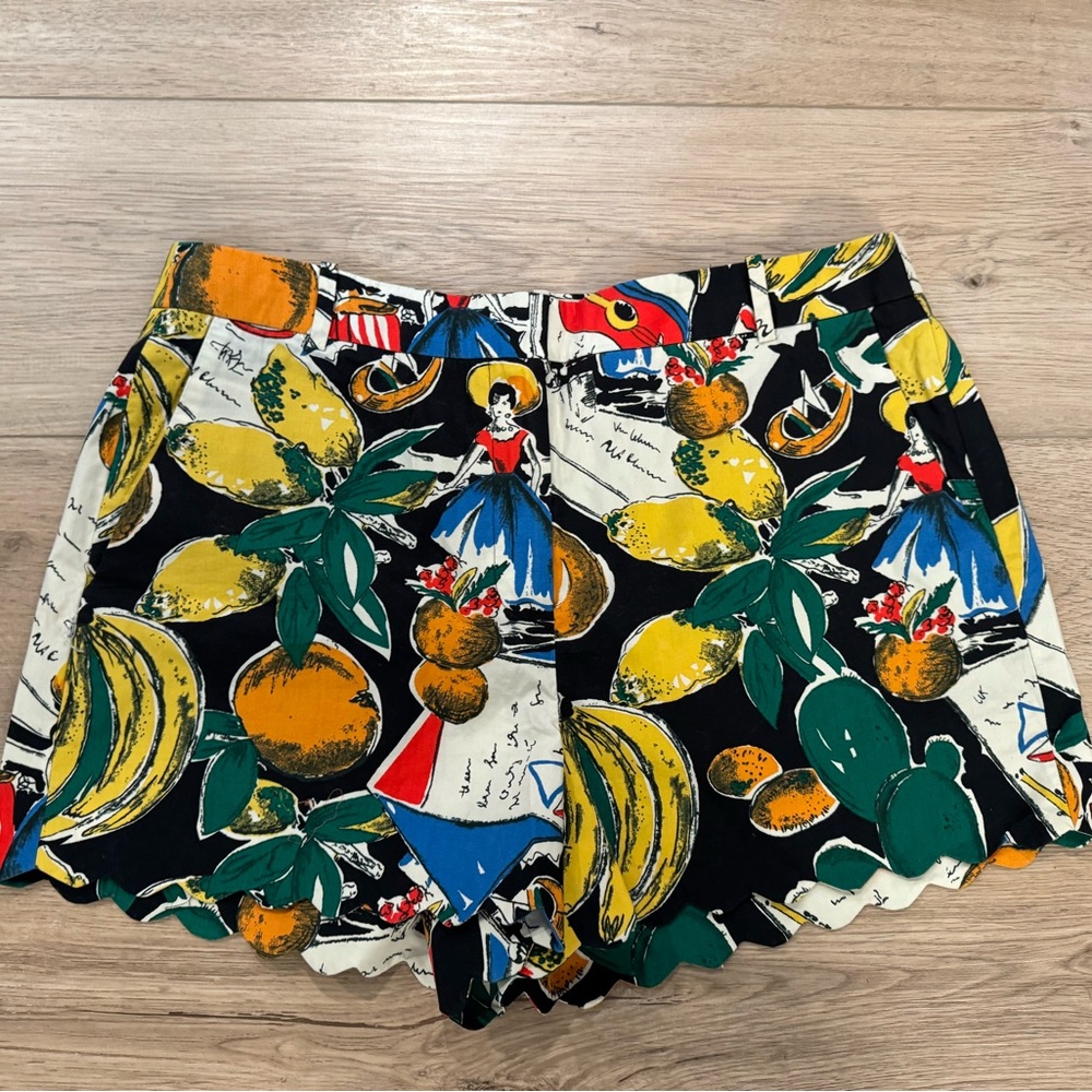 J. Crew Mini Shorts Women's 12 Chino Travel Vacation Postcard Scallop Hem Beach